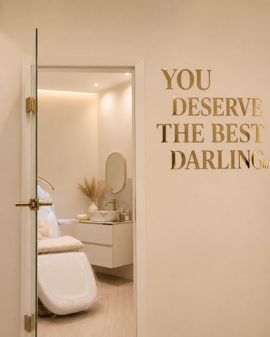 Behandlungsraum mit goldenem Schriftzug You deserve the best darling